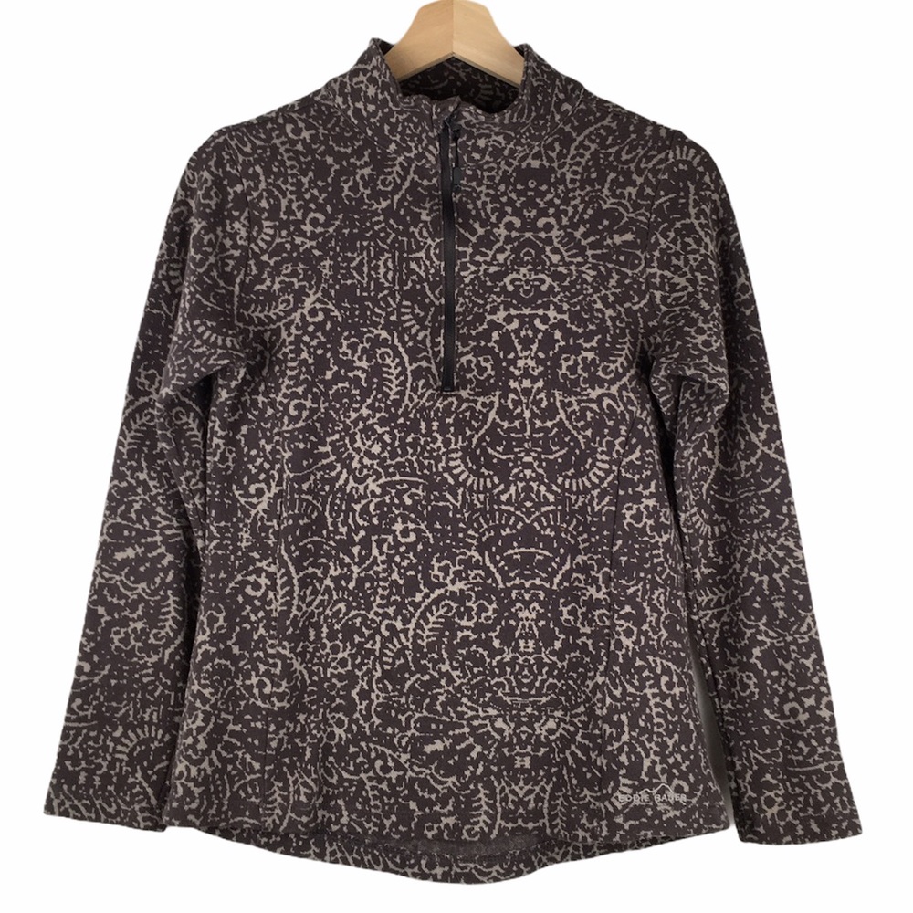 Eddie Bauer Sweater Quarter Zip Leaf Print Mocha
